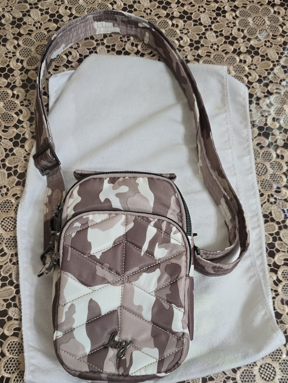 lug Taupe and Cream Camouflage Quilted Crossbody Bag